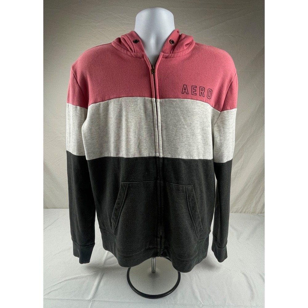 Aeropostale Men MEDIUM Pink Gray Black Colorblock FullZip Hoodie Sweatshirt 1987